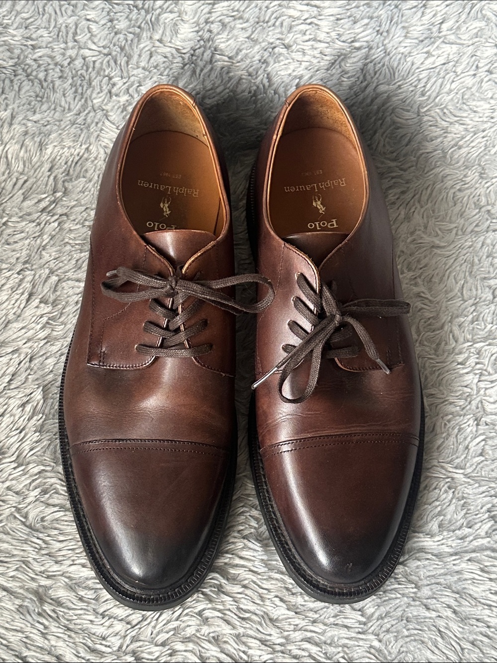 Men’s Brown Leather Cap-Toe Derby Dress Shoes, Polo by Ralph Lauren